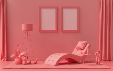 Açık pembe renkli çift çerçeveli galeri duvarı, pembe turuncu renkli tek renkli düz oda, meditasyon yatağı, mobilyalar ve bitkiler, 3 boyutlu dekorasyon, poster odası.