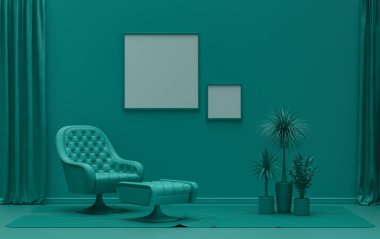 Çift Çerçeve Galerisi Duvarı koyu yeşil tek renkli tek renkli düz oda, tek sandalye ve bitkilerle, 3D Renklendirme, poster odası