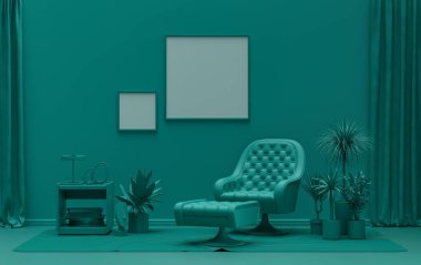 Çift Çerçeve Galerisi Duvarı koyu yeşil tek renkli düz oda mobilya ve bitkilerle, 3D döşeme, poster modelleme odası