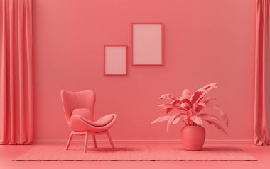 Çift Çerçeve Galerisi Duvarı açık pembe, pembe turuncu renkli tek renkli düz oda, tek sandalye ve bitkilerle, 3D Renklendirme, poster odası