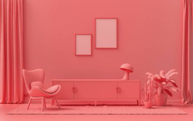 Çift Çerçeve Galerisi Duvarı açık pembe, pembe turuncu renkli tek renkli ev mobilya ve bitkilerle donatılmış, 3D döşeme, poster modelleme odası