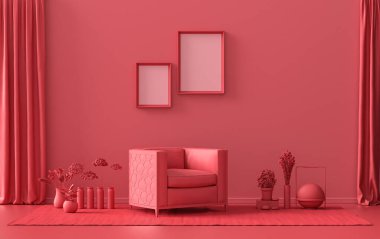Çift Çerçeve Galerisi Duvarı koyu kırmızı, tek renkli, mobilya ve bitkilerle donatılmış tek renkli daire, 3D döşeme, poster modelleme odası