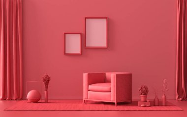 Çift Çerçeve Galerisi Duvarı koyu kırmızı, tek renkli, mobilya ve bitkilerle donatılmış tek renkli daire, 3D döşeme, poster modelleme odası