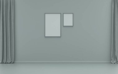 Çift Çerçeve Galeri Duvarı kül rengi tek renkli düz oda mobilya ve boş, 3D Renklendirme, poster odası