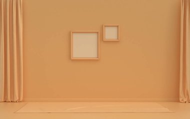 İki çerçeveli galeri duvarı, tek renkli, turuncu, tek renk, pembe renkli, mobilyasız ve boş, 3 boyutlu, çerçeve maketi.