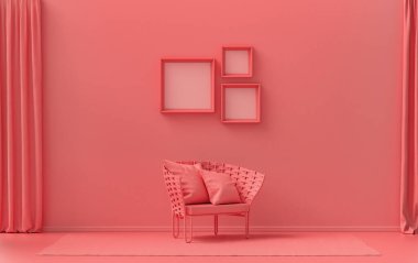 Üç resim çerçeveli galeri duvarı, tek renk düz tek açık pembe, pembe turuncu renkli, tek sandalyeli, bitkisiz, üç boyutlu, resim çerçevesi maketi