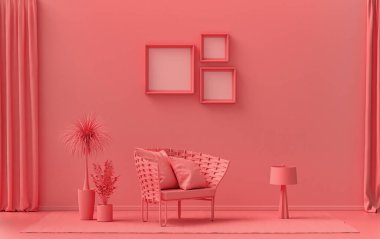 Üç resim çerçeveli galeri duvarı, tek renk düz tek açık pembe, pembe turuncu renkli oda mobilya ve bitkilerle, 3 boyutlu döşeme, resim çerçevesi modeli