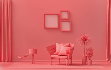 Üç resim çerçeveli galeri duvarı, tek renk düz tek açık pembe, pembe turuncu renkli oda mobilya ve bitkilerle, 3 boyutlu döşeme, resim çerçevesi modeli