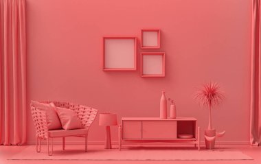 Üç resim çerçeveli galeri duvarı, tek renk düz tek açık pembe, pembe turuncu renkli oda mobilya ve bitkilerle, 3 boyutlu döşeme, resim çerçevesi modeli
