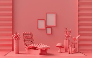 Üç resim çerçeveli galeri duvarı, tek renk düz tek açık pembe, pembe turuncu renkli oda meditasyon yatağı, mobilya ve bitkiler, 3D döşeme, resim çerçevesi modeli