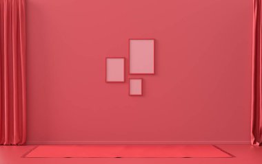 Üç resim çerçeveli galeri duvarı, tek renk düz tek koyu kırmızı, mobilyasız kestane rengi renk odası ve boş, 3D tasarım, resim çerçeve modeli