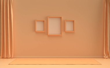 Üç resim çerçeveli galeri duvarı, tek renk düz tek turuncu renkli pembe renkli odada mobilya ve boş, 3D görüntüleme, resim çerçevesi maketi