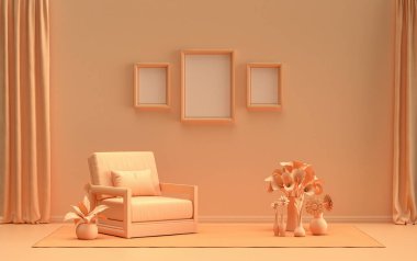Üç resim çerçeveli galeri duvarı, monokrom düz tek turuncu renkli pembe renkli odada tek sandalye ve bitkilerle, 3D görüntüleme, resim çerçevesi maketi
