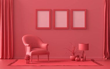 Üç resim çerçeveli galeri duvarı, tek renk düz tek koyu kırmızı, mobilya ve bitkilerle kestane rengi oda, 3D döşeme, resim çerçevesi modeli.