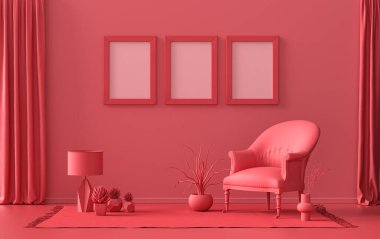 Üç resim çerçeveli galeri duvarı, tek renk düz tek koyu kırmızı, mobilya ve bitkilerle kestane rengi oda, 3D döşeme, resim çerçevesi modeli.