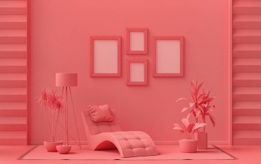 İç oda, açık pembe, pembe turuncu renkte, duvarda 4 resim çerçevesi ve bir meditasyon yatağı, mobilyalar ve poster sunumu için bitkiler. 3B görüntüleme