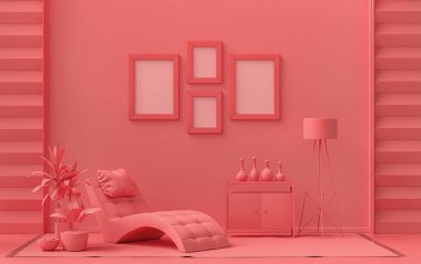 İç oda, açık pembe, pembe turuncu renkte, duvarda 4 resim çerçevesi ve bir meditasyon yatağı, mobilyalar ve poster sunumu için bitkiler. 3B görüntüleme