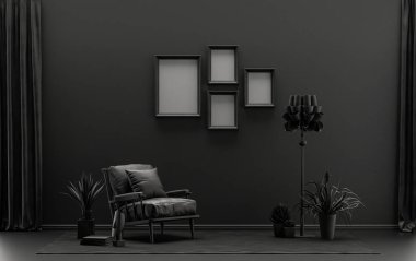 Tek renkli, siyah ve koyu gri renkli iç mekan, duvarda mobilyalar ve poster sunumu için bitkiler olan 4 resim çerçevesi. 3B görüntüleme