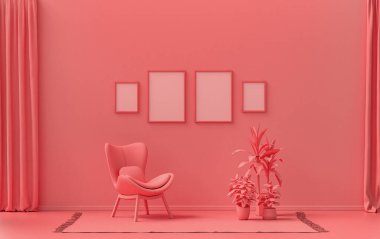 Tek renk açık pembe turuncu renkte iç mekan, duvarda dört resim çerçevesi ve poster sunumu için bitkiler. 3B görüntüleme
