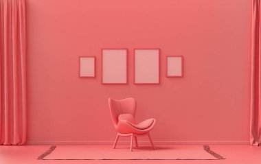 İç oda, açık pembe, pembe turuncu renkte, duvarda dört tane resim çerçevesi ve poster sunumu için bitki yok. 3B görüntüleme