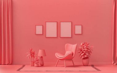İç oda, açık pembe, pembe turuncu renkte, duvarda mobilya ve poster sunumu için bitkilerle birlikte 4 adet resim çerçevesi var. 3B görüntüleme