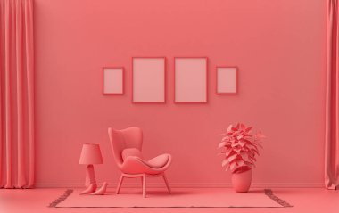 İç oda, açık pembe, pembe turuncu renkte, duvarda mobilya ve poster sunumu için bitkilerle birlikte 4 adet resim çerçevesi var. 3B görüntüleme