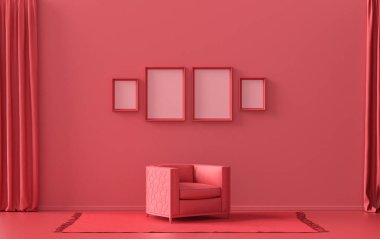 İç oda, tek renk koyu kırmızı, kestane rengi, duvarda tek sandalyeli 4 resim çerçevesi, poster sunumu için bitki yok. 3B görüntüleme