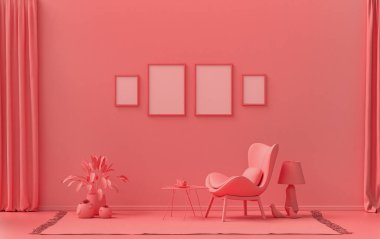 İç oda, açık pembe, pembe turuncu renkte, duvarda mobilya ve poster sunumu için bitkilerle birlikte 4 adet resim çerçevesi var. 3B görüntüleme