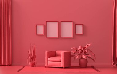 Tek renk koyu kırmızı, kestane rengi, duvarda dört resim çerçevesi ve poster sunumu için bitkiler. 3B görüntüleme