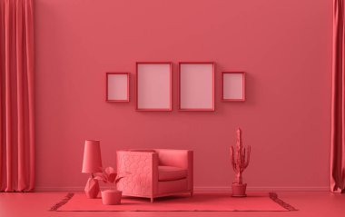 İç oda, tek renkli koyu kırmızı, kestane rengi, duvarda dört resim çerçevesi, mobilyalar ve poster sunumu için bitkiler. 3B görüntüleme