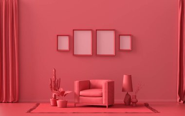 İç oda, tek renkli koyu kırmızı, kestane rengi, duvarda dört resim çerçevesi, mobilyalar ve poster sunumu için bitkiler. 3B görüntüleme