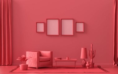 İç oda, tek renkli koyu kırmızı, kestane rengi, duvarda dört resim çerçevesi, mobilyalar ve poster sunumu için bitkiler. 3B görüntüleme