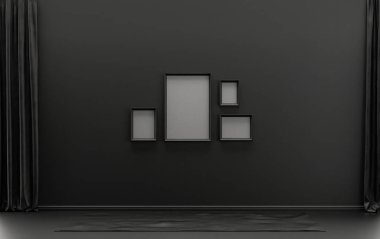 İç oda düz siyah ve koyu gri renkte, duvarda mobilyasız 4 resim çerçevesi ve poster sunumu için boş. 3B görüntüleme