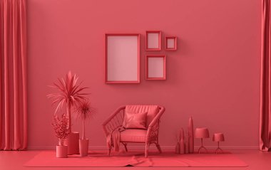 İç oda, tek renkli koyu kırmızı, kestane rengi, duvarda dört resim çerçevesi, mobilyalar ve poster sunumu için bitkiler. 3B görüntüleme