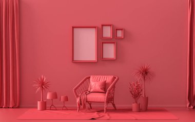 İç oda, tek renkli koyu kırmızı, kestane rengi, duvarda dört resim çerçevesi, mobilyalar ve poster sunumu için bitkiler. 3B görüntüleme