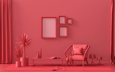 İç oda, tek renkli koyu kırmızı, kestane rengi, duvarda dört resim çerçevesi, mobilyalar ve poster sunumu için bitkiler. 3B görüntüleme
