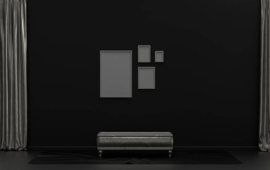 İç oda tek renkli, siyah ve metalik gümüş renkte, duvarda 4 tane resim çerçevesi ve poster sunumu için bitkiler yok. 3B görüntüleme