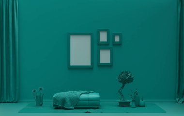 İç oda tek renkli koyu yeşil renkte, duvarda 4 resim çerçevesi ve poster sunumu için bitkiler var. 3B görüntüleme