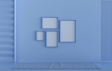 İç oda düz tek renkli açık mavi renkli, duvarda mobilyasız 4 resim çerçevesi ve poster sunumu için boş. 3B görüntüleme