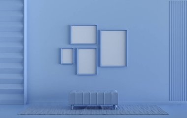 İç oda düz tek renkli açık mavi renkli, duvarda 4 resim çerçevesi ve poster sunumu için bitkileri olmayan orta sedirli puf. 3B görüntüleme