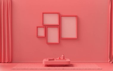 İç oda, açık pembe, pembe turuncu renkte, duvarda mobilya ve poster sunumu için bitkilerle birlikte 4 adet resim çerçevesi var. 3B görüntüleme