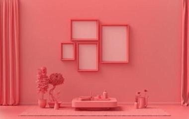 Tek renk açık pembe turuncu renkte iç mekan, duvarda dört resim çerçevesi ve poster sunumu için bitkiler. 3B görüntüleme