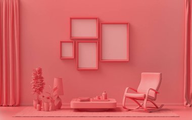 İç oda, açık pembe, pembe turuncu renkte, duvarda mobilya ve poster sunumu için bitkilerle birlikte 4 adet resim çerçevesi var. 3B görüntüleme