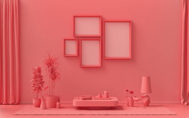 İç oda, açık pembe, pembe turuncu renkte, duvarda mobilya ve poster sunumu için bitkilerle birlikte 4 adet resim çerçevesi var. 3B görüntüleme