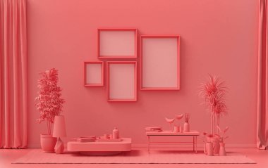 İç oda, açık pembe, pembe turuncu renkte, duvarda mobilya ve poster sunumu için bitkilerle birlikte 4 adet resim çerçevesi var. 3B görüntüleme