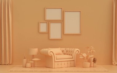 İç oda, tek renkli turuncu pembemsi renkte, duvarda dört resim çerçevesi, mobilyalar ve poster sunumu için bitkiler. 3B görüntüleme