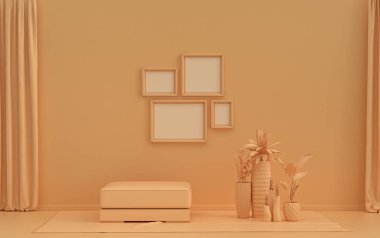 İç oda, tek renkli turuncu pembemsi renkte, duvarda 4 resim çerçevesi ve poster sunumu için bitkiler. 3B görüntüleme