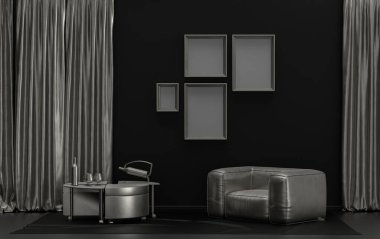 Tek renkli, siyah ve metalik gümüş renkte iç mekan, duvarda mobilyalar ve poster sunumu için bitkilerle birlikte 4 adet resim çerçevesi. 3B görüntüleme