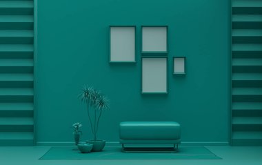 İç oda tek renkli koyu yeşil renkte, duvarda 4 resim çerçevesi ve poster sunumu için bitkiler var. 3B görüntüleme