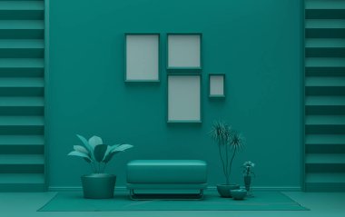 Tek renkli koyu yeşil renkli iç mekan, duvarda mobilya ve poster sunumu için bitkiler olan dört resim çerçevesi. 3B görüntüleme